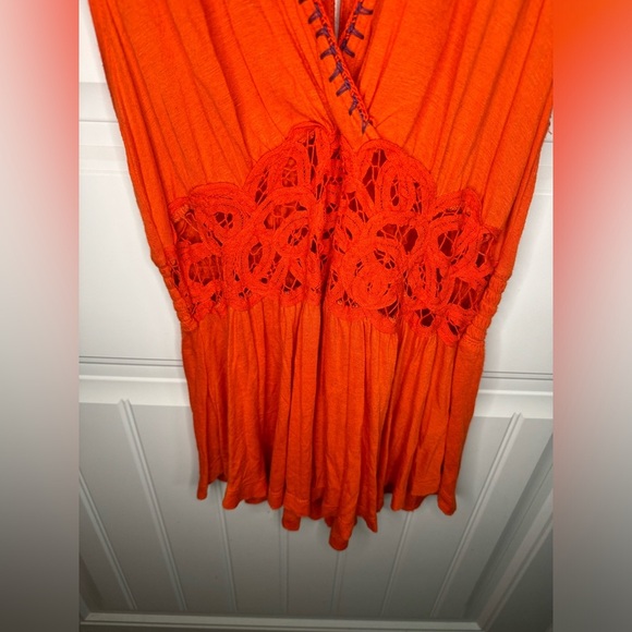 Free People Megan Peplum Tank Top Orange Embroidered Crochet Cutout Center - Picture 4 of 6